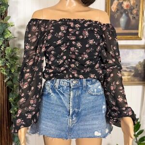 Celebrity Pink Black Floral Ruched Off Shoulder Peasant Blouse Size S